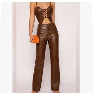 Tiger Mist - Brown Faux Leather Corset Top and Pants Set